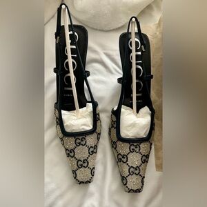 Gucci GG Monogram Crystal Square Slingback Pumps